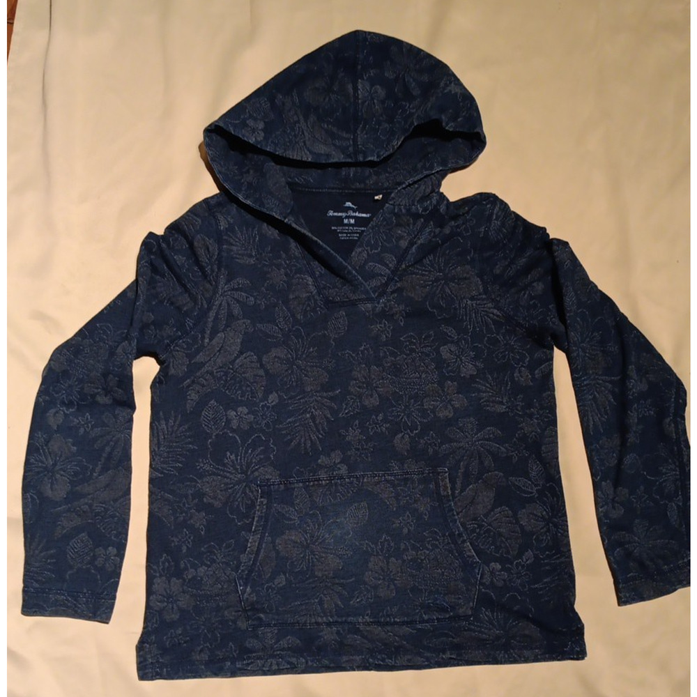 Tommy Bahama Women Medium Sweater All Over Print Floral Hooded V-Neck Navy Blue - Picture 2 of 5